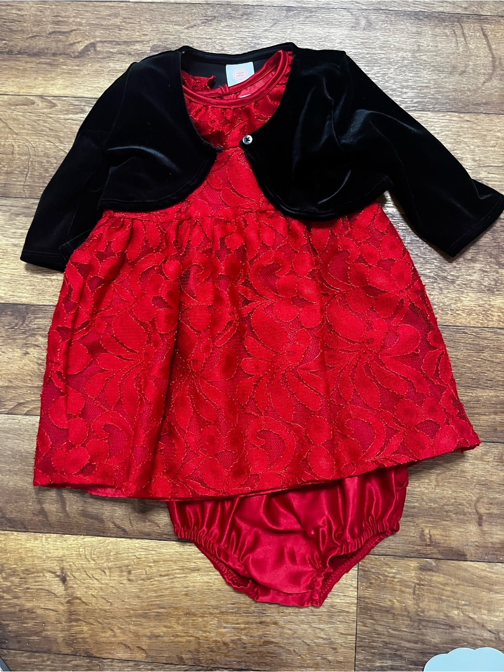 wonder nation Red Lace Dress with Black Velvet Bolero
